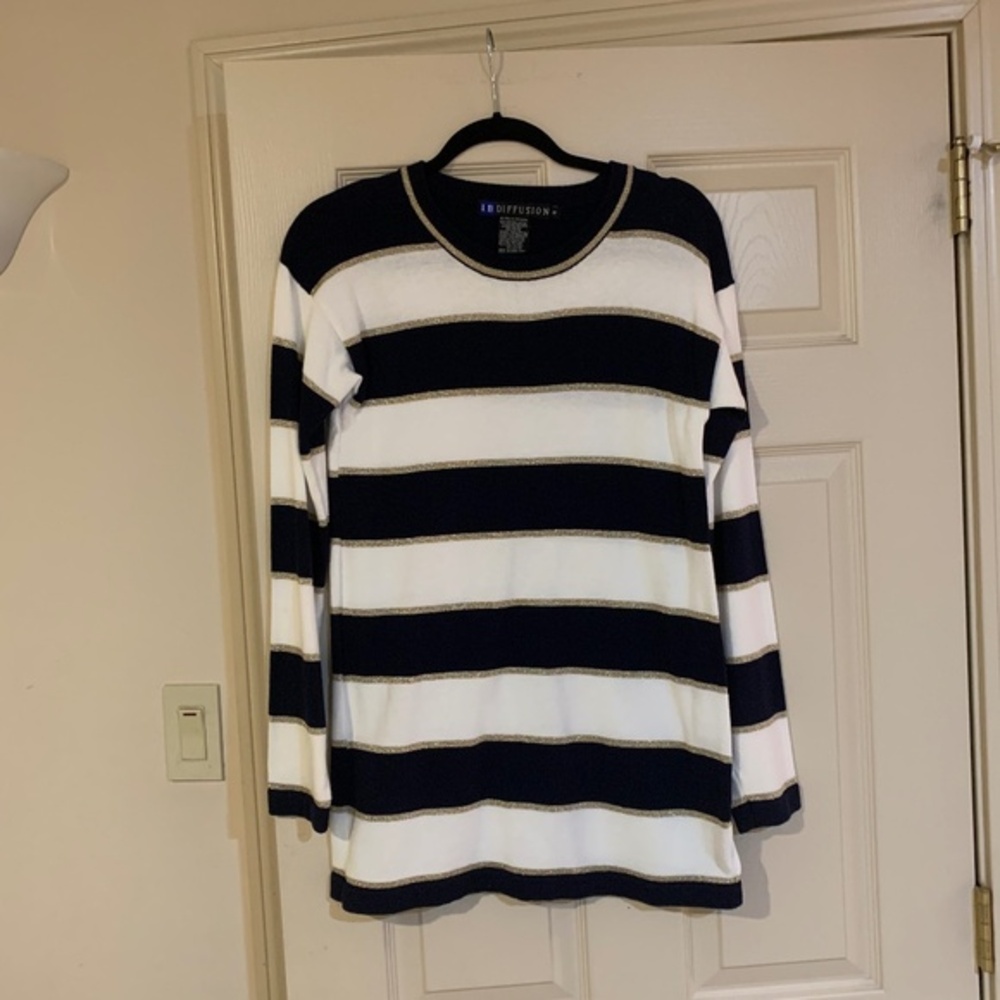 I.B. Diffusion Navy Blue/White/Gold Long Sweater sz S